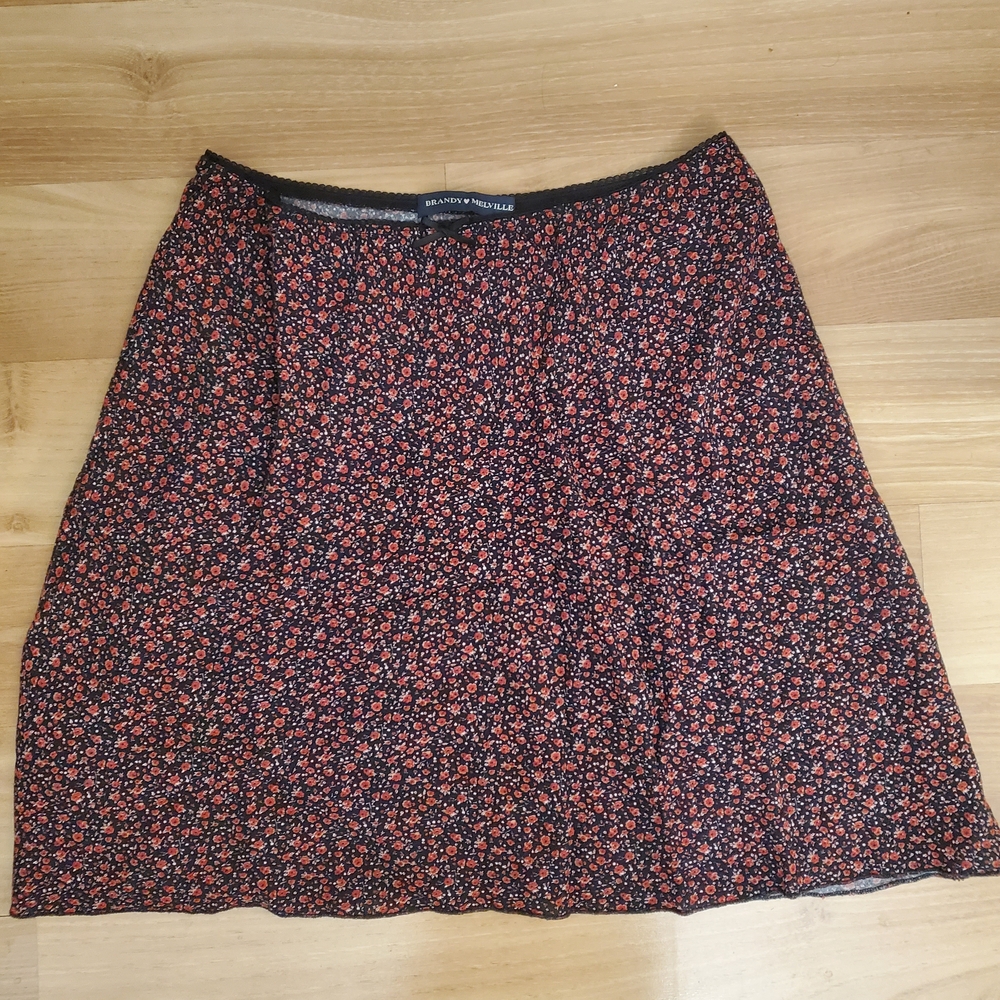 Brandy Melville Black and Red Floral A-Line Skirt